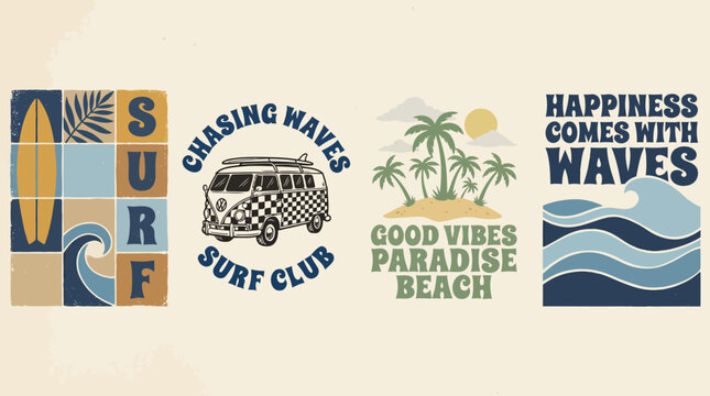 A collage of vintage surf club logos featuring waves, palm trees and beach vibes in a retro coastal design.