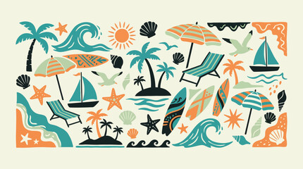 Naklejka premium Tropical vacation pattern collage with palm trees, sun, sailboats, waves and beach icons in teal and orange