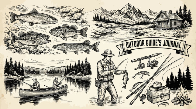 Vintage Outdoor Guide's Journal: a detailed wilderness collage featuring fishing, hunting, camping, boating, mountains and forest scenes for explorers and nature lovers