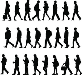 People silhouettes walking in multiple rows isolated on white background, urban commuters movement, modern lifestyle, business crowd illustration