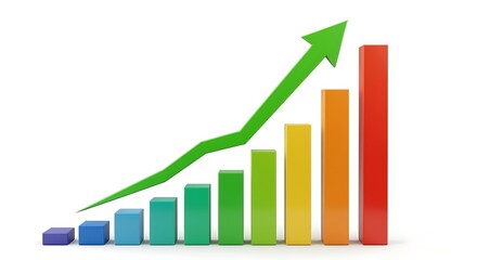 Multicolored bar chart with green upward trending arrow on white background