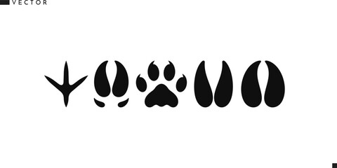 Animal paw prints icon. Isolated bull cow pig panther goat rooster bison and leopard paw prints 