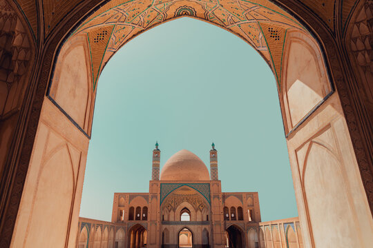 Kashan, Iran - 9 3 2024: The historical Agha Bozorg mosque. The beautiful architecture of an Iranian mosque.