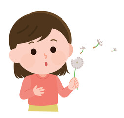 たんぽぽの綿毛を息を吹きかけて飛ばす女の子　イラスト