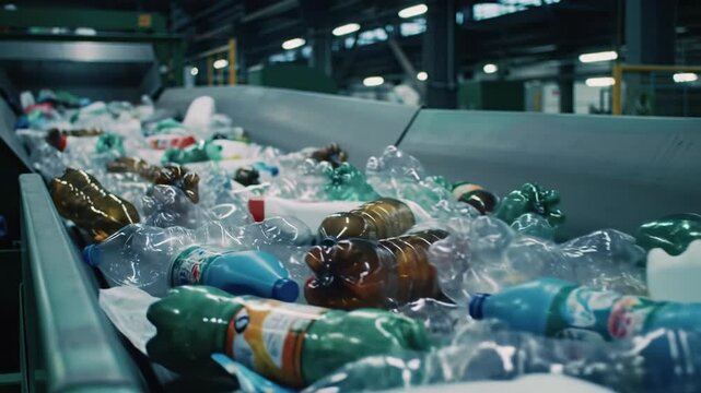 Multicolored plastic bottles and containers, translucent and opaque, ascend an industrial conveyor belt in a vast recycling facility under cool fluorescent light, clean automation concept