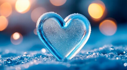 Fototapeta premium Heart shape made of ice on snowy surface with blurred lights in background during winter season