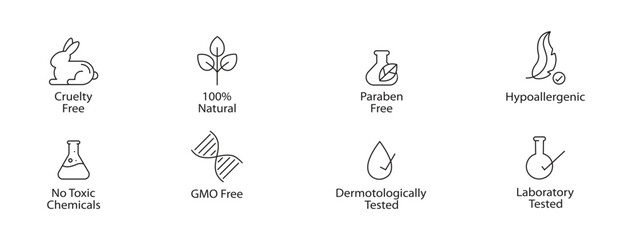 Cruelty-Free, 100% Natural, Paraben-Free, Hypoallergenic, GMO-Free and Dermatologically Tested Line Icon Set &ndash; Clean Beauty, Skincare, and Cosmetic Product Label Outline Vector Signs