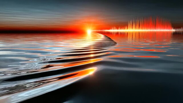 Harmonic sound wave visualized as ripples across a water surface, glowing lines tracing frequencies