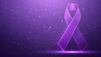 Purple awareness ribbon glowing with sparkles on dark cosmic background for cancer support