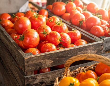 Rustic harvest of ripe tomatoes in wooden crates with dew drops and soft light
