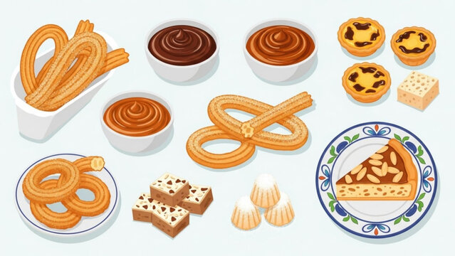 Collection of delicious Spanish desserts including churros pastel de nata and tarta de almendras perfect for food blogs and culinary websites