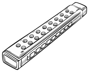 Vintage style harmonica sketch black and white line art illustration