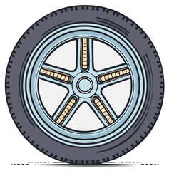 Fototapeta premium Stylized illustration of a car wheel with five spoke rim design in light blue, dark grey tire, vector illustration