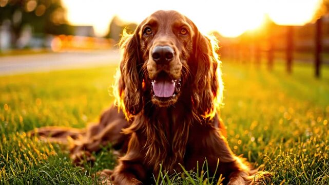 Irish Setter dog relaxing in a sunny grassy field, panting and looking directly at the camera with beautiful golden hour sunlight