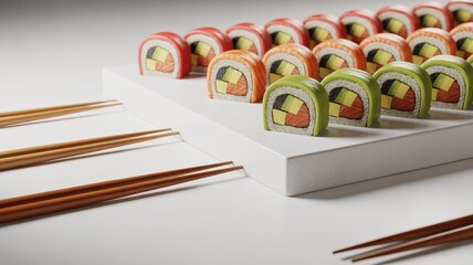Naklejka premium Assorted sushi rolls arranged on a tray with chopsticks