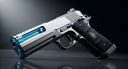 Close up of a futuristic handgun featuring a glowing blue energy cell visible through the metallic slide chamber against a dark backdrop