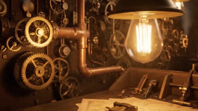 A dimly lit industrial scene featuring intricate copper and brass machinery with interlocking gears and cogs, illuminated by warm light