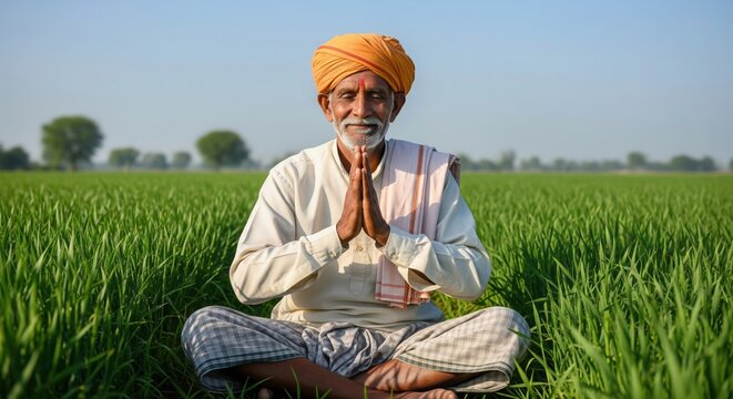 Rural Indian Farmer Meditation and Thankfulness Concept