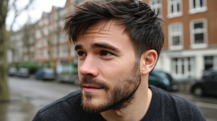 Fototapeta premium Thoughtful young man with short hair and beard gazing into distance on a city street, capturing the essence of urban life and personal reflection