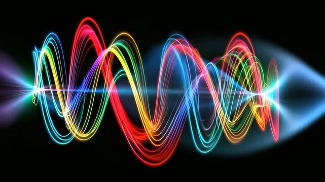 Electromagnetic waves represented as neon sinusoidal curves spreading through air