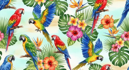 Obraz premium Tropical Delight: A Vibrant Parrot and Floral Pattern for Exotic Designs