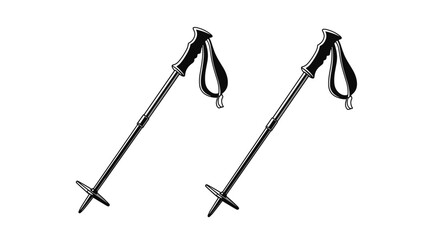 Pair of black and white ski poles with adjustable straps and baskets illustrated in a graphic style isolated on white.