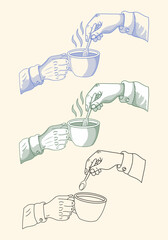 Vintage Engraving Style Illustration of Hands Holding Coffee Cup and Stirring with Spoon,easy editable set variation object.