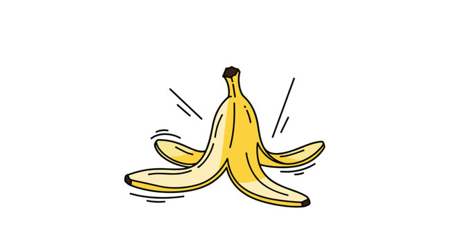 Yellow banana peel on the floor illustrating a slipping hazard or a funny accident isolated on a white background.
