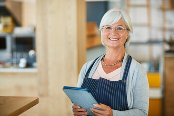 Entrepreneur, portrait and old woman with tablet, cafe and confident for small business development. Coffee shop, senior person and happy with tech for stock inventory, order and online in Canada