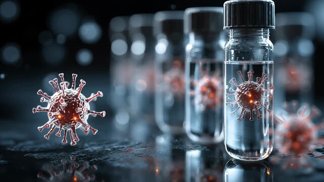Medical diagnostics concept close-up, test tubes and sample vials with a faint virus structure reflected on glass, crisp focus, cinematic depth of field, realistic editorial photography style