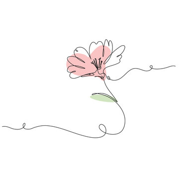 Minimalist Continuous Line Art of a Flower with Abstract Pink Flat Color