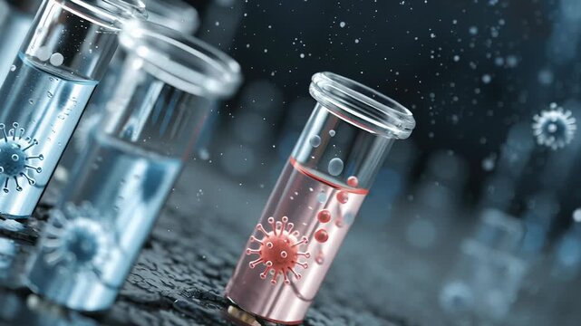Medical diagnostics concept close-up, test tubes and sample vials with a faint virus structure reflected on glass, crisp focus, cinematic depth of field, realistic editorial photography style