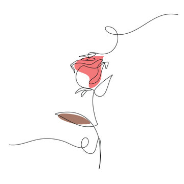 Minimalist Continuous Line Drawing of a Rose with Abstract Red And Brown