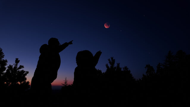 Amateur astronomers enjoying night sky with stars, planets, Moon eclipse and other celestial objects.
