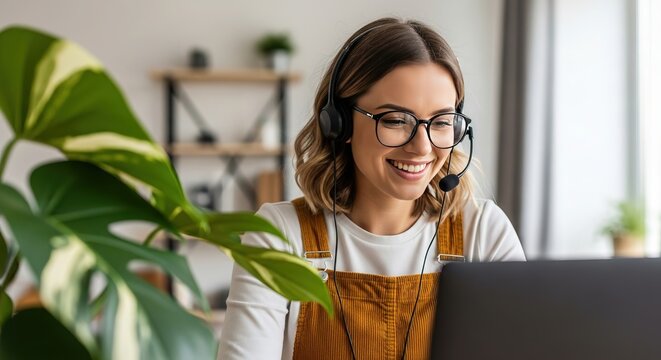Woman wearing headset and working on laptop in a bright office environment with plants nearby