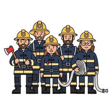 Diverse Group of Cartoon Firefighters Standing Together.