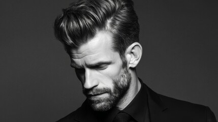 Fototapeta premium Elegant portrait of a well-groomed man with styled hair in a classic suit against a dark background showcasing refined masculinity and sophistication.