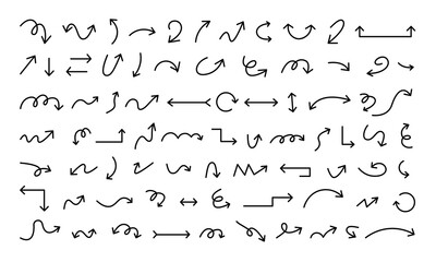 Collection hand drawn arrows. Set of simple arrow isolated on white background. Arrow icons vector graphic elements. Doddle arrow set.