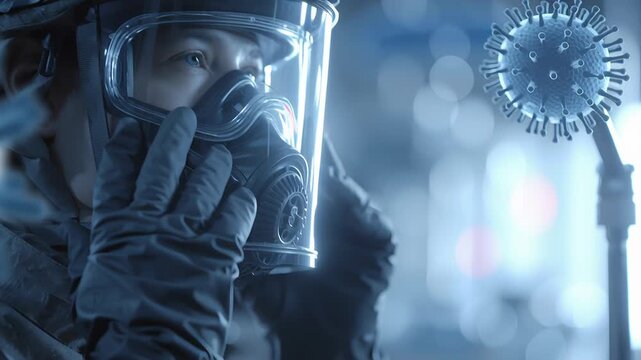 Healthcare preparedness illustration, protective gear and hospital readiness elements with subtle virus motif in the background, realistic cinematic realism, calm serious tone, premium commercial 