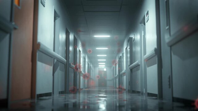 Hospital isolation ward concept without people, clean corridor lighting and sealed-door atmosphere with subtle virus motif, realistic cinematic realism, serious health security tone
