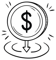 Obraz premium Hand Drawn Dollar Coin Falling into Circular Target with Rays