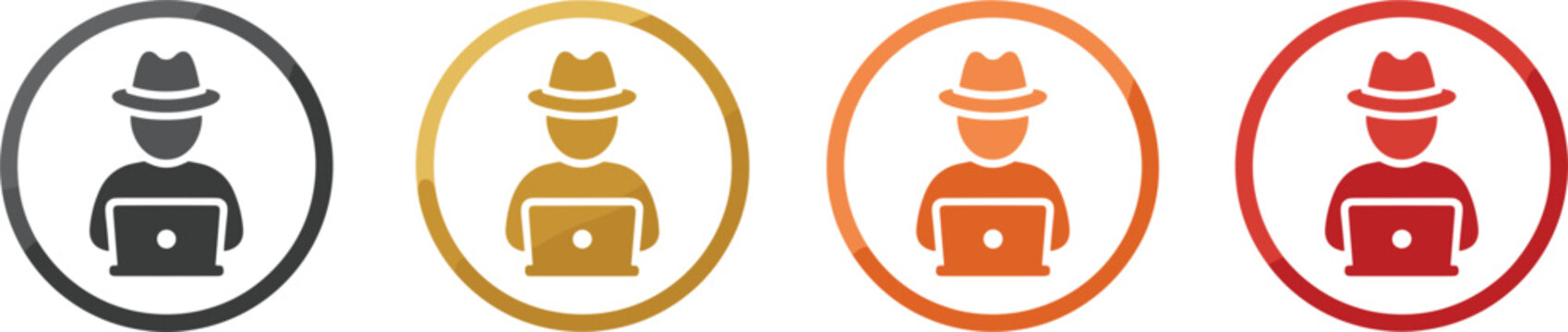 Remote worker hacker icon set in colored circular badges vector illustration for cybersecurity anonymous online activity concepts design