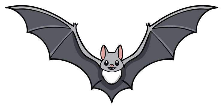 Cartoon Gray Bat Soaring with Wide Open Wings Flapping and Sweet Smiling Face