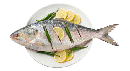 Naklejka premium Raw fresh Hilsa fish prepared with lemon slices and green chilies on a white plate, top view