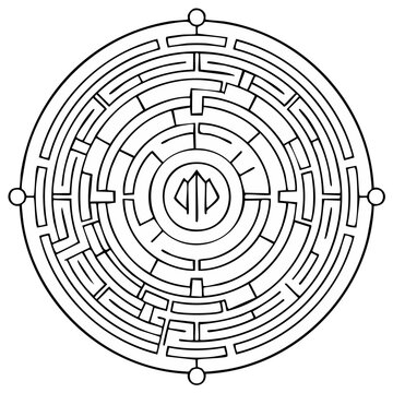 Circular labyrinth illustration with complex paths and a central symbol, vector drawing for puzzle games and problem solving concepts