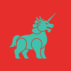 Obraz premium Stylized illustration of a unicorn with a red background and teal outline.