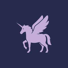 Illustration of a purple unicorn with wings on a dark background.