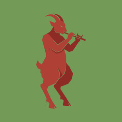 A stylized, red silhouette of a goat playing a flute against a green background.