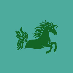 Stylized green horse with flowing mane and tail on a teal background.