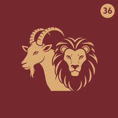 Illustration of a goat and a lion's head combined in a stylized design.